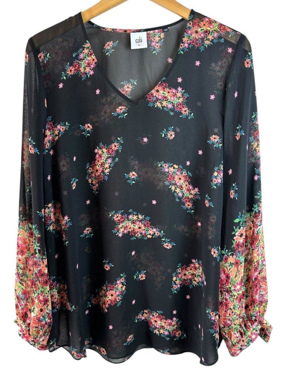Cabi Blooming Blouse Black Floral Sheer Chiffon Top Boho Romantic XL 3594 - Picture 2 of 6